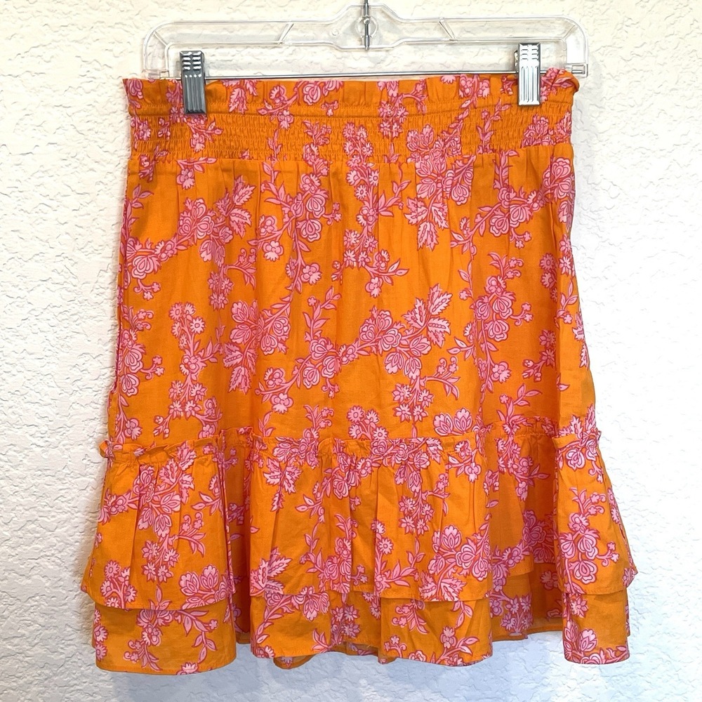 J Crew Factory Ruffled Tiered Smocked Waist Mini Skirt Size S Orange Pink Floral